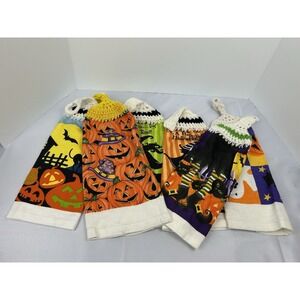 2008 Halloween Hanging Kitchen Towels Set 6 Crochet Top Pumpkins Witch Ghost